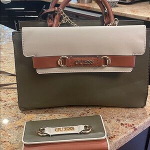 GUESS Olive, White, and Tan Satchel